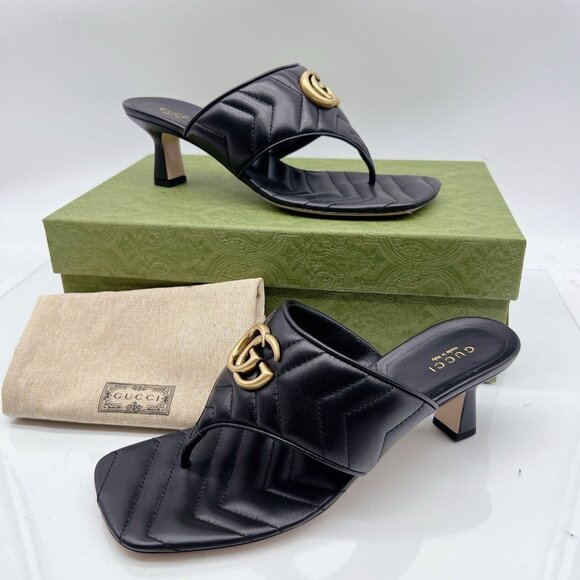 Gucci GG Marmont Chevron Black Kitten Heels Thong Sandals Leather EU 37.5 US 7.5 - Picture 3 of 12
